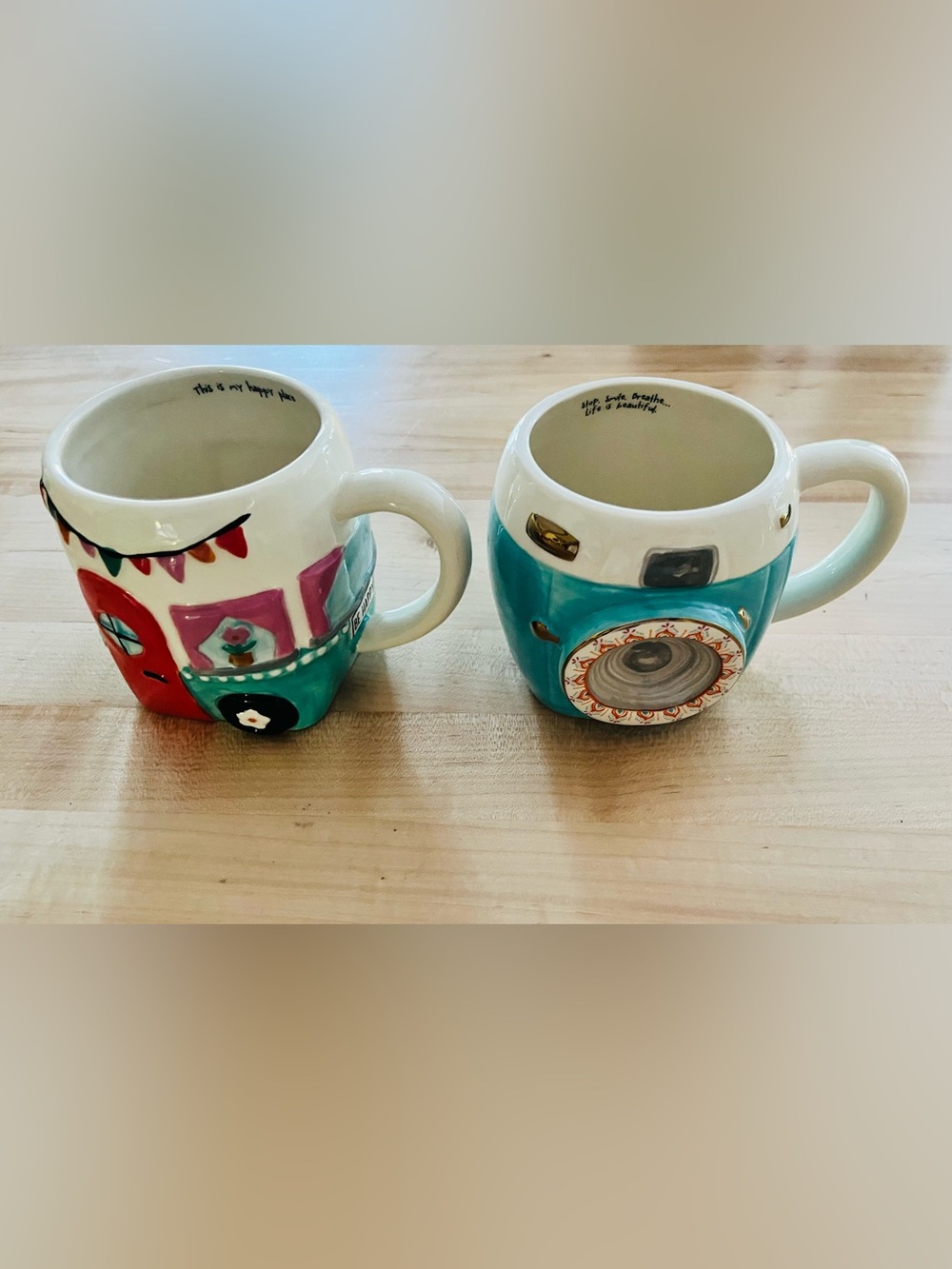 Natural Life Hand-Painted Teal Camper Van & Camera Ceramic Mugs (2)